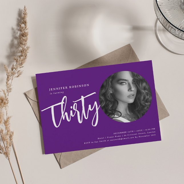 Modern Script Photo 30th Birthday Party Purple  Invitation (Modern Script Photo 30th Birthday Party Purple Invitation)