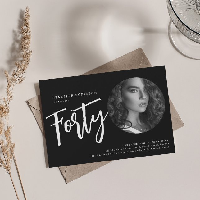Modern Script Photo 40th Birthday Party Black  Invitation (Modern Script Photo 40th Birthday Party Black Invitation)