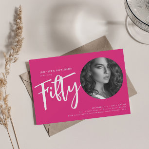 Modern Script Photo 50th Birthday Party Hot Pink  Invitation
