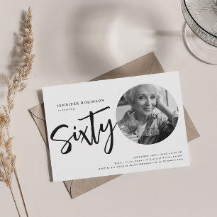 Modern Script Photo 60th Birthday Black & White Invitation