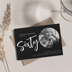 Modern Script Photo 60th Birthday Party Black  Invitation