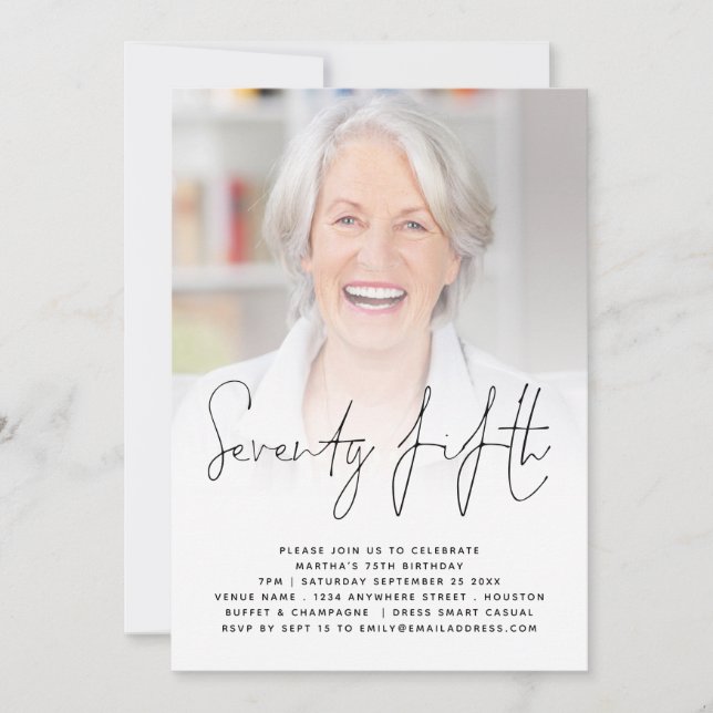 Modern Script Photo 75th Birthday Party Invitation (Front)