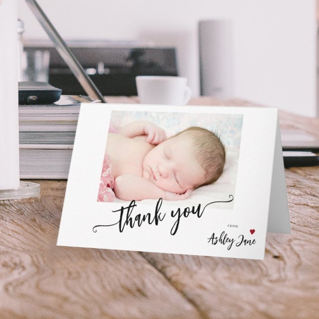 Modern script photo baby shower thank you note card (Creator Uploaded)