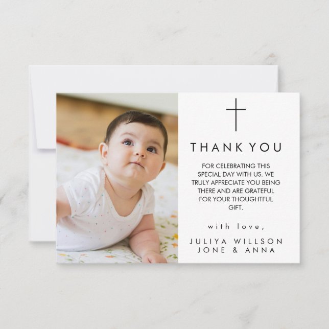Modern Script Photo Baptism Thank You card (Front)