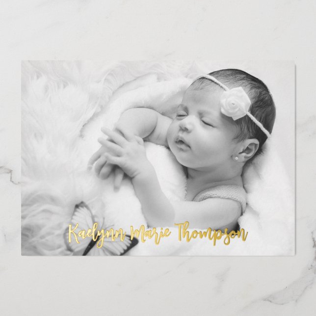 Modern Script Photo Birth Announcement Card (Front)