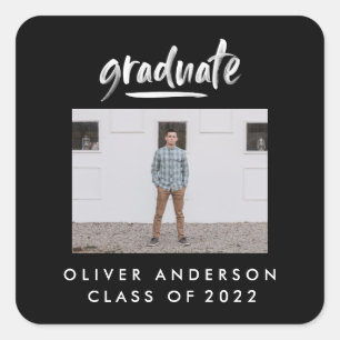 Modern script photo black and white graduation square sticker