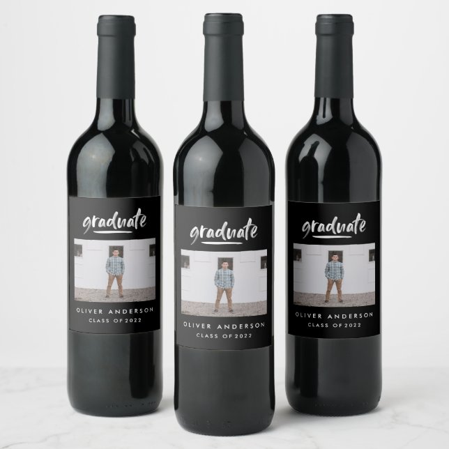 Modern script photo black and white graduation wine label (Bottles)
