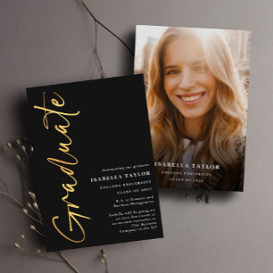 Modern Script Photo Black Gold 2025 Graduation Announcement