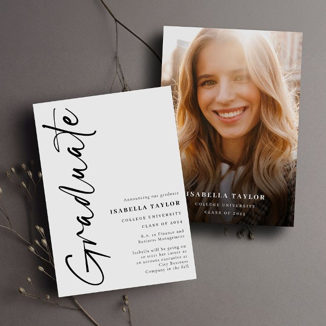 Modern Script Photo Black White Graduation Announcement (Creator Uploaded)