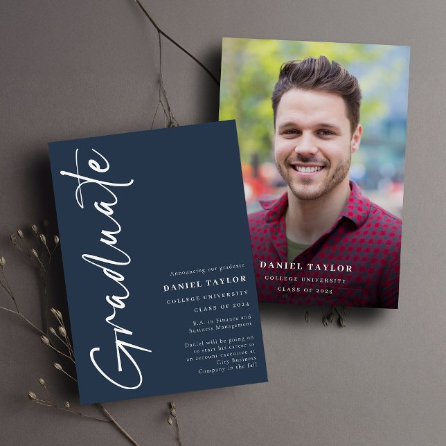 Modern Script Photo Blue Graduation Announcement (Creator Uploaded)