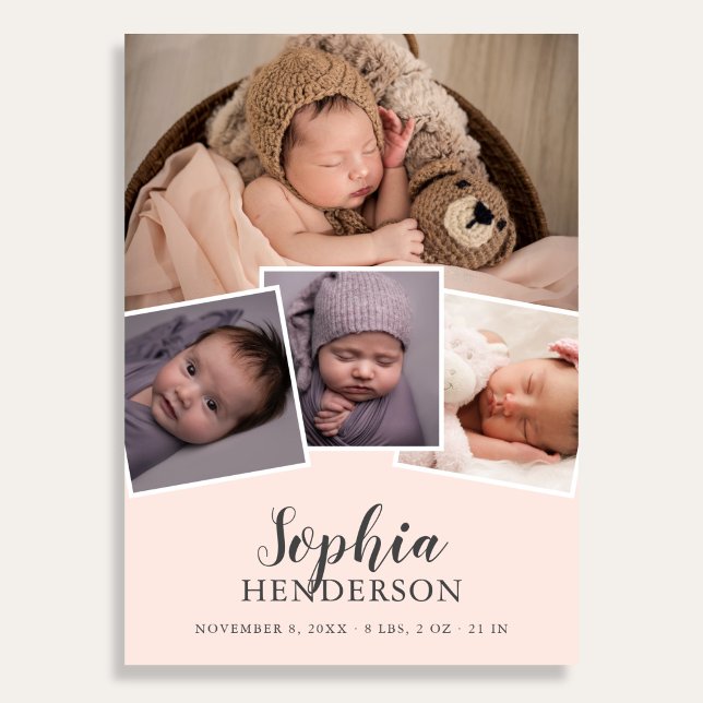Modern Script Photo Blush Pink Birth Announcement (Creator Uploaded)