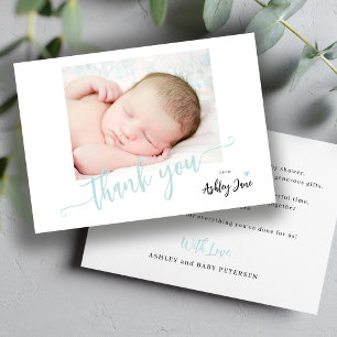 Modern script photo boy baby shower thank you