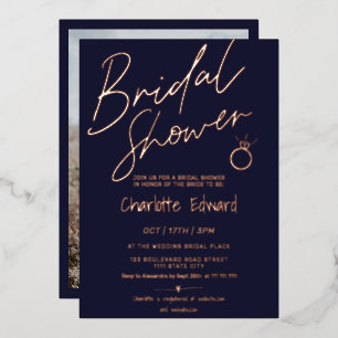 Modern script photo bridal shower ring rose gold