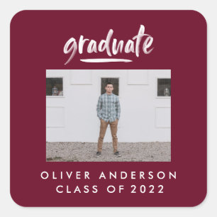 Modern script photo burgundy graduation square sticker