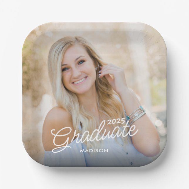 Modern Script Photo Class of 2025 Graduation Paper Plate (Front)