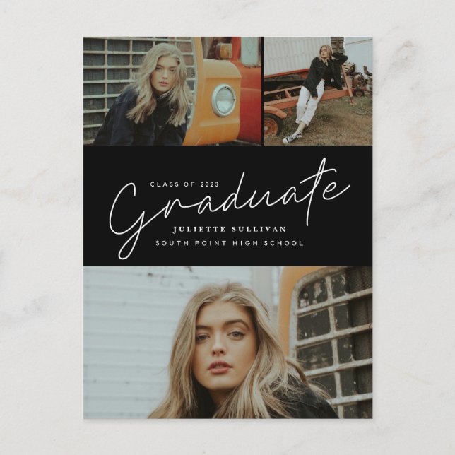 Modern Script Photo Collage Graduation Invitation Postcard (Front)