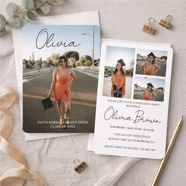 Modern Script Photo Collage Graduation Party Invitation (Creator Uploaded)
