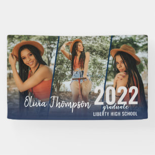 Modern Script Photo Collage Navy Blue Graduation B Banner