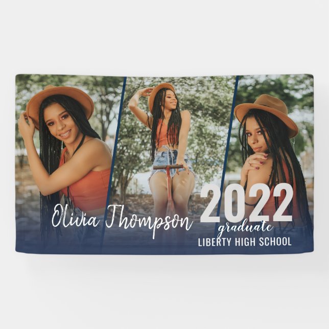 Modern Script Photo Collage Navy Blue Graduation B Banner (Horizontal)