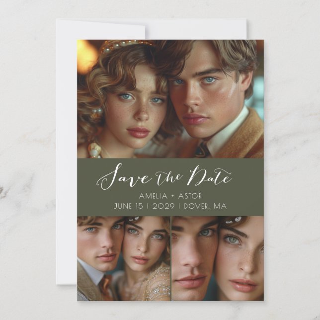 Modern Script Photo Collage Olive Green Save The Date (Front)