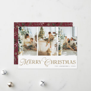 Modern Script Photo Collage Red Merry Christmas Holiday Card