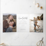 Modern Script Photo Collage Wedding Save the Date Tri-Fold Announcement<br><div class="desc">Create a modern photo collage Save the Date announcement card with this elegant template. Customise by adding your favourite photos and announcement details.</div>