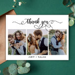 Modern Script Photo Collage Wedding Thank You Card<br><div class="desc">Elegant Modern Chic Calligraphy Script 3 Photo Collage Wedding Thank You Card. Stylish wedding thank you template featuring 3 photo on the front with the text "Thank You" in a whimsical swirly hand lettering typography script swash tail font. 2-sided card at the back one (1) photo. Easily to personalise your...</div>