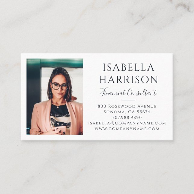 Modern Script Photo Financial Consultant Business Card (Front)