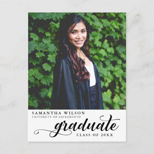 Modern Script Photo Graduation Announcement Postcard (Front)