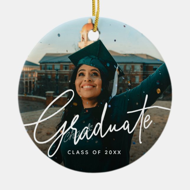 Modern Script Photo Graduation Ceramic Tree Decoration (Front)
