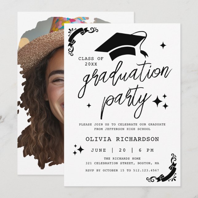 Modern Script Photo Graduation Senior Party Chic Invitation (Front/Back)