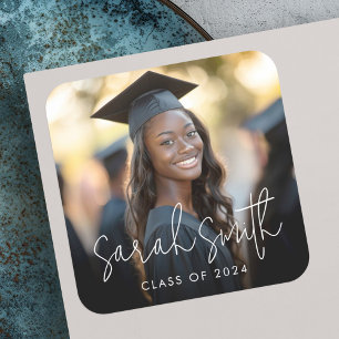 Modern script photo graduation square sticker