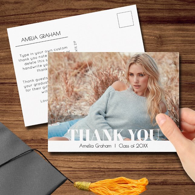 Modern Script Photo Graduation Thank You Postcard (Graduation thank you postcards with your photo on the front and message on the back)