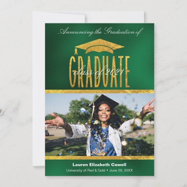 Modern Script Photo Green & Gold Grad Announcement (Front)
