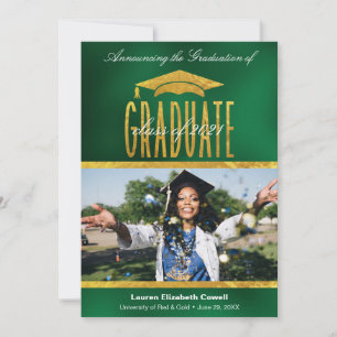 Modern Script Photo Green & Gold Grad Announcement