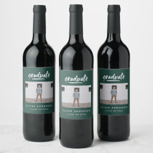 Modern script photo green graduation wine label