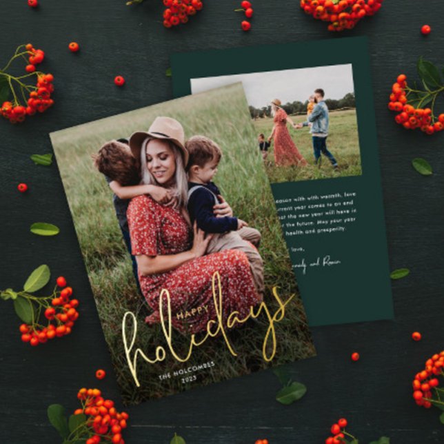 Modern Script  Photo Happy Holidays (Simple modern photo holiday card with gold foil script greeting overlay and green backer.)