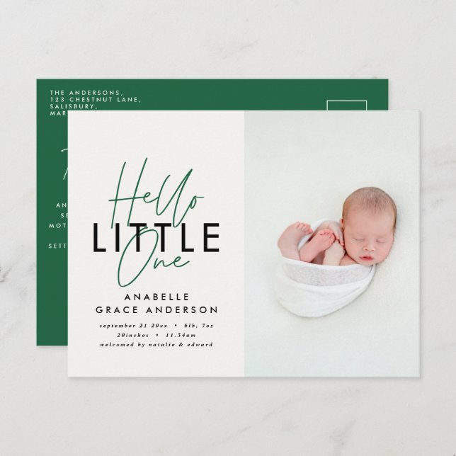 Modern script photo hello little one announcement postcard (Front/Back)