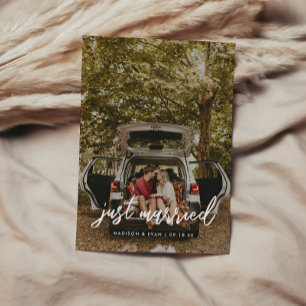 Modern Script Photo 'Just Married' Wedding Announcement