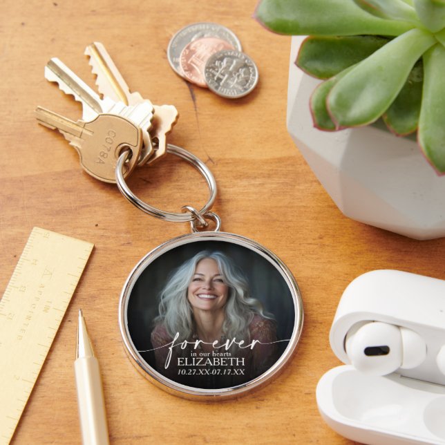 Modern Script Photo Memorial Forever in our Hearts Key Ring (Desk)