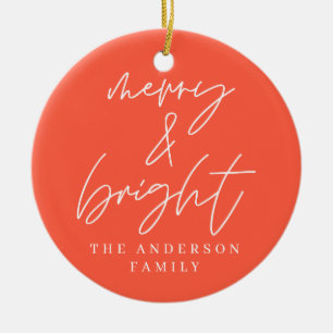 Modern script photo merry & bright red christmas ceramic tree decoration