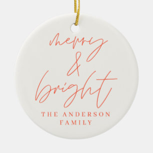 Modern script photo merry & bright red christmas ceramic tree decoration