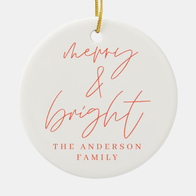 Modern script photo merry & bright red christmas ceramic tree decoration (Front)
