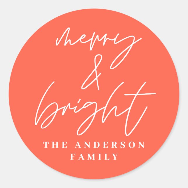 Modern script photo merry & bright red christmas classic round sticker (Front)