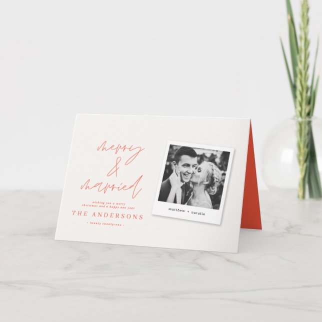 Modern script photo merry & married red christmas note card (Front)