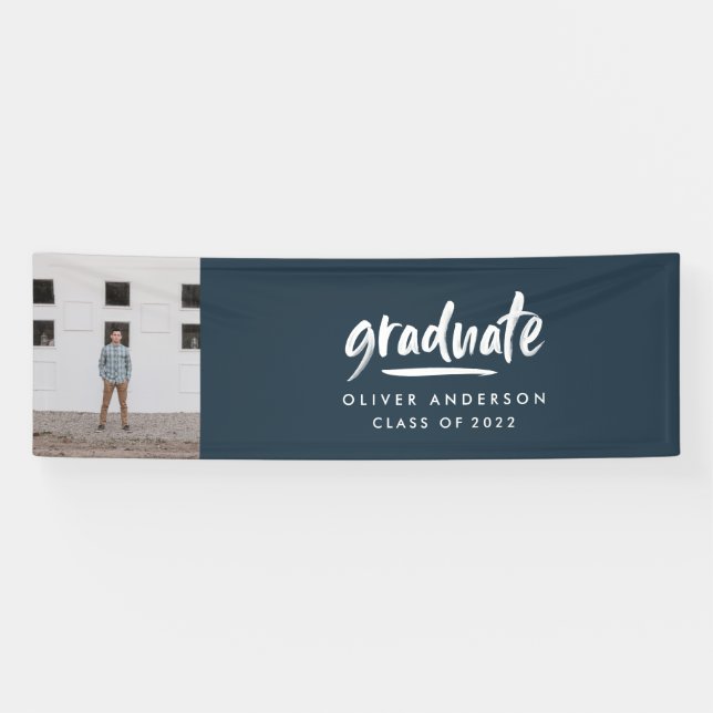 Modern script photo navy blue elegant graduation banner (Horizontal)