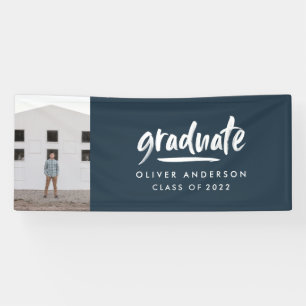 Modern script photo navy blue graduation banner