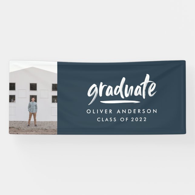 Modern script photo navy blue graduation banner (Horizontal)