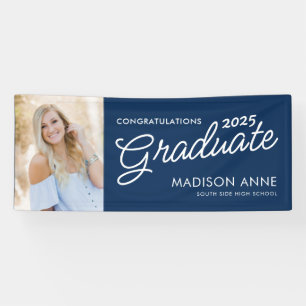 Modern Script Photo Navy Blue Graduation Banner