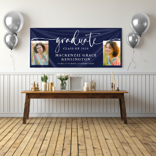 Modern Script Photo Navy Blue Graduation Banner